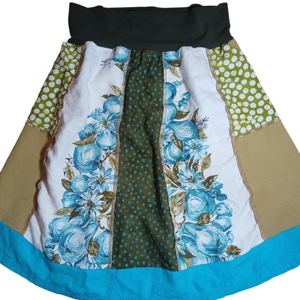 Goddess Rags Patchwork Floral Polka Dot Midi Skirt  Blue Olive Boho fairy artsy